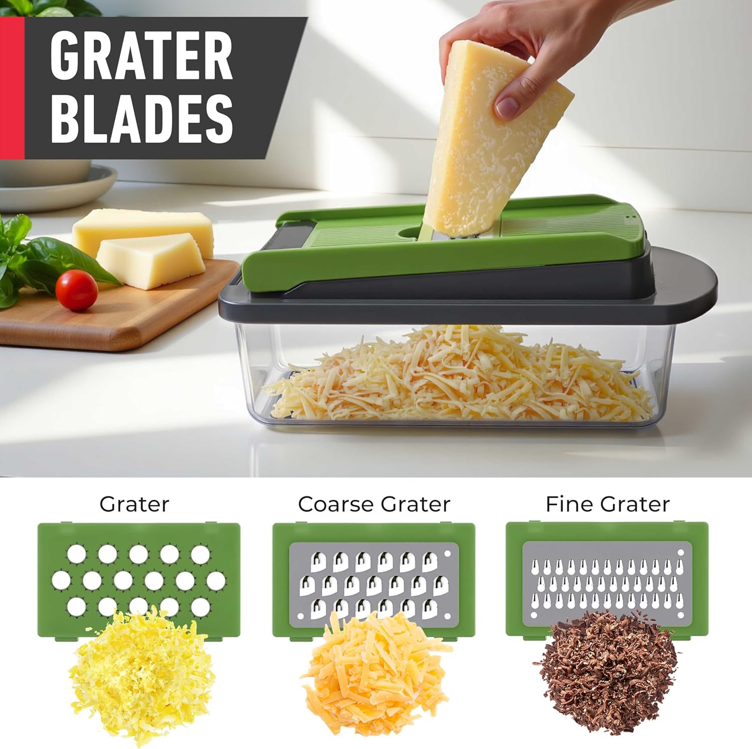 Mueller Pro-Series All-in-One, 12 Blade Mandoline Slicer for Kitchen, Food Chopper, Vegetable Slicer and Spiralizer, Cutter, Dicer, Grater, Kitchen Gadgets Sets with Container, White Sand/Gray