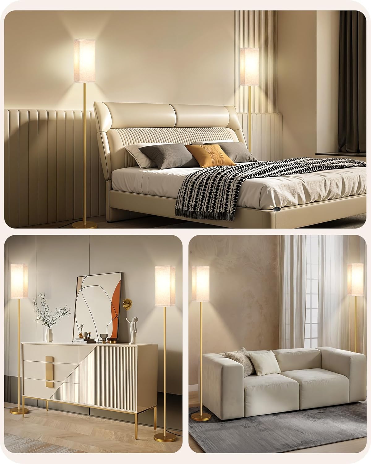 64.6" Floor Lamp, Pole with Foot Switch, Modern Standing Lamp Lampshade, Minimalist Freestanding Lamp (Bulb Not Included), for Living Room, Bedroom Office ETL Listed, Black and Beige E07LD05