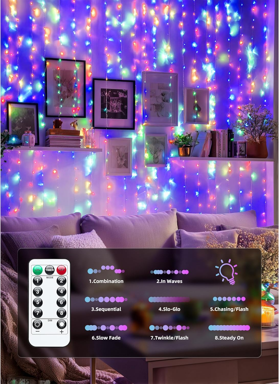 Brightown 300 LED Fairy Curtain Lights, 9.8ft x 9.8ft Warm White Curtain String Lights, USB Plug in 8 Lighting Modes Christmas Decoration, Hanging Lights with Remote for Bedroom Indoor Weddings Dorm