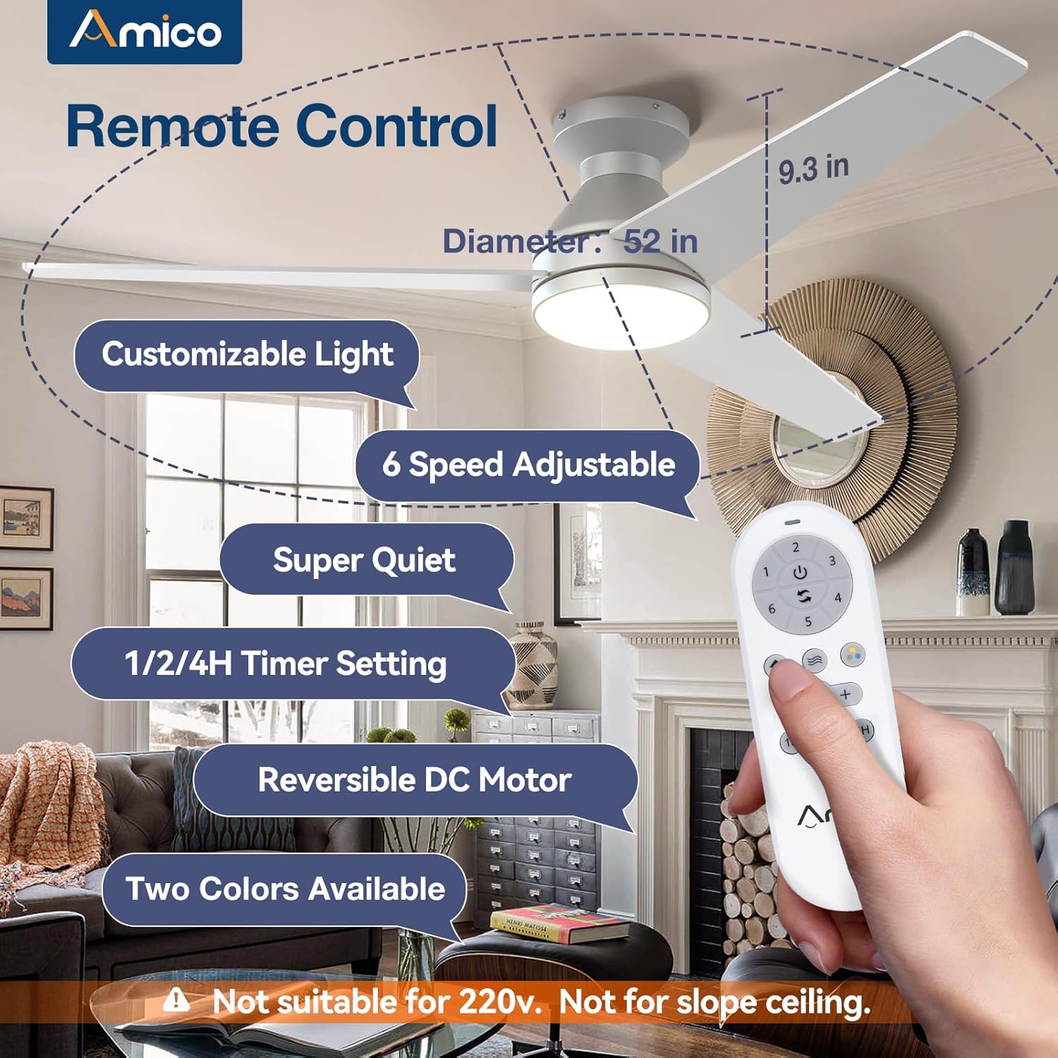 Amico Ceiling Fans with Lights, 42 inch Low Profile Ceiling Fan with Light and Remote Control, Flush Mount, Reversible, 3CCT, Dimmable, Noiseless, Black Ceiling Fan for Bedroom, Indoor/Outdoor Use