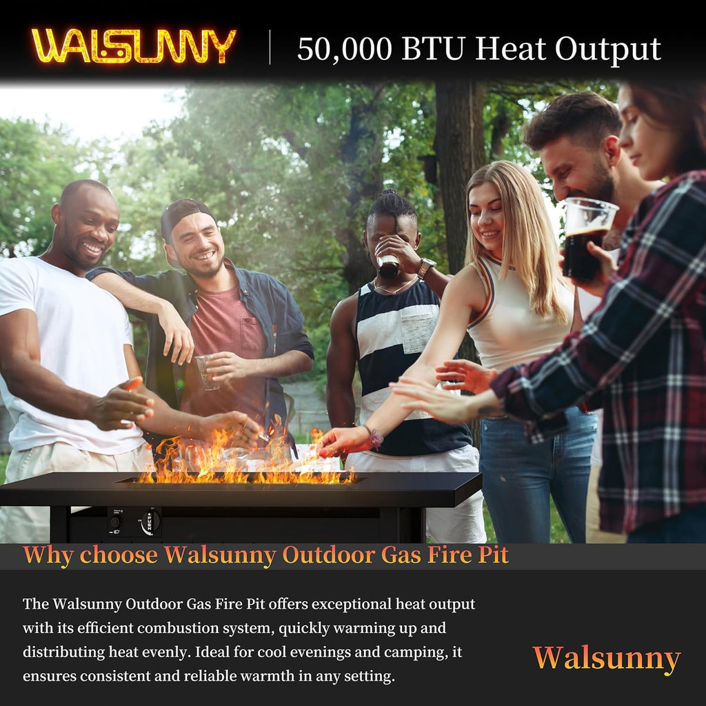 Walsunny 43 inch Outdoor Propane Fire Pit 50,000 BTU Gas Fire Pit Table with Lid, Waterproof Cover, Rectangle Gas Firepit Table for Garden/Patio, CSA Certification