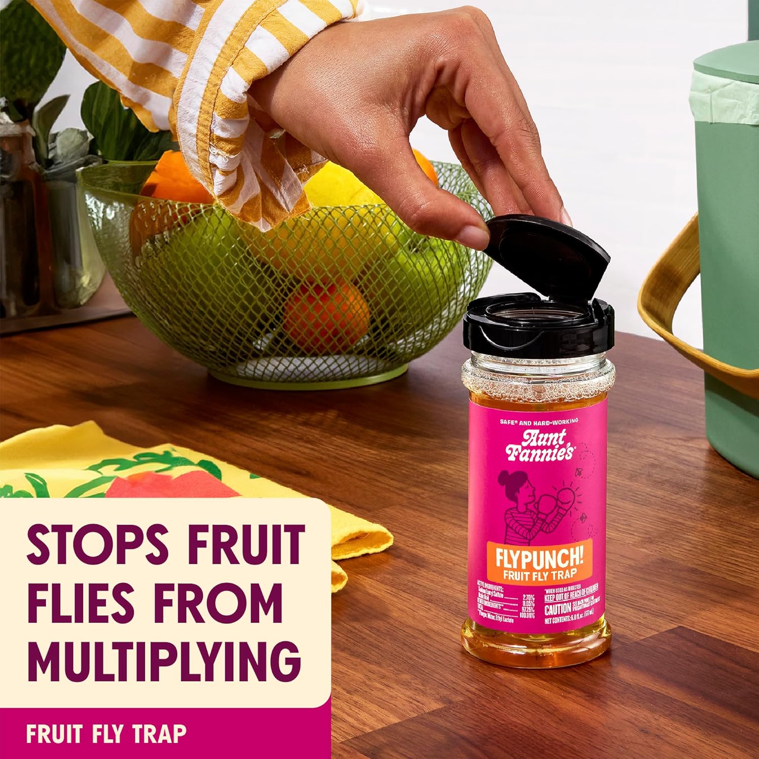 Aunt Fannie's FlyPunch Fruit Fly Trap for Indoor and Kitchen Use, Ready to Use, Made with Plant Based Ingredients, Safe Near Food, Each Bottle Lasts Up to 30 Days, Pack of 2