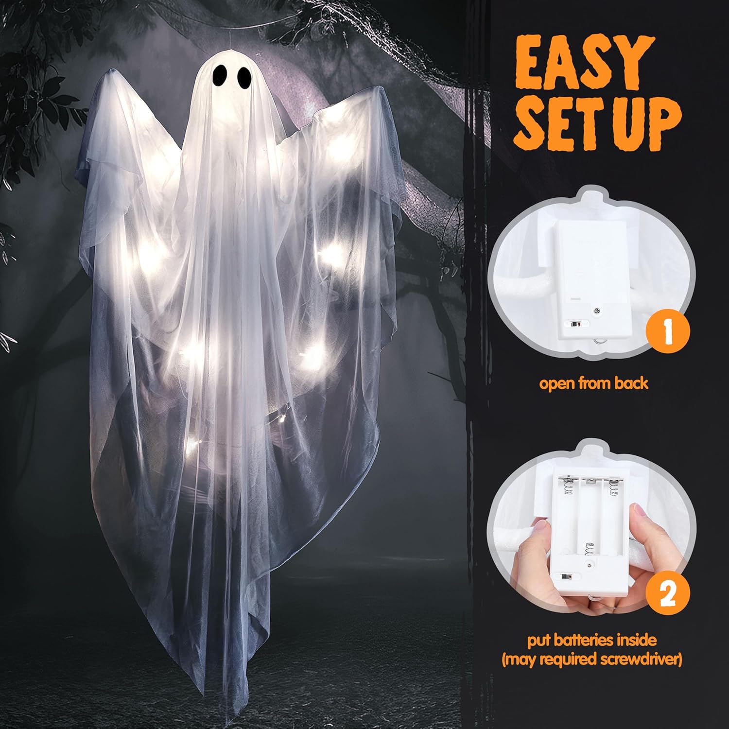 JOYIN Halloween Hanging Light up Ghost with Spooky Blue LED Light, 47” White Ghosts Halloween Hanging Decoration for Front Yard Patio Lawn Garden Party Decor Indoor Outdoor