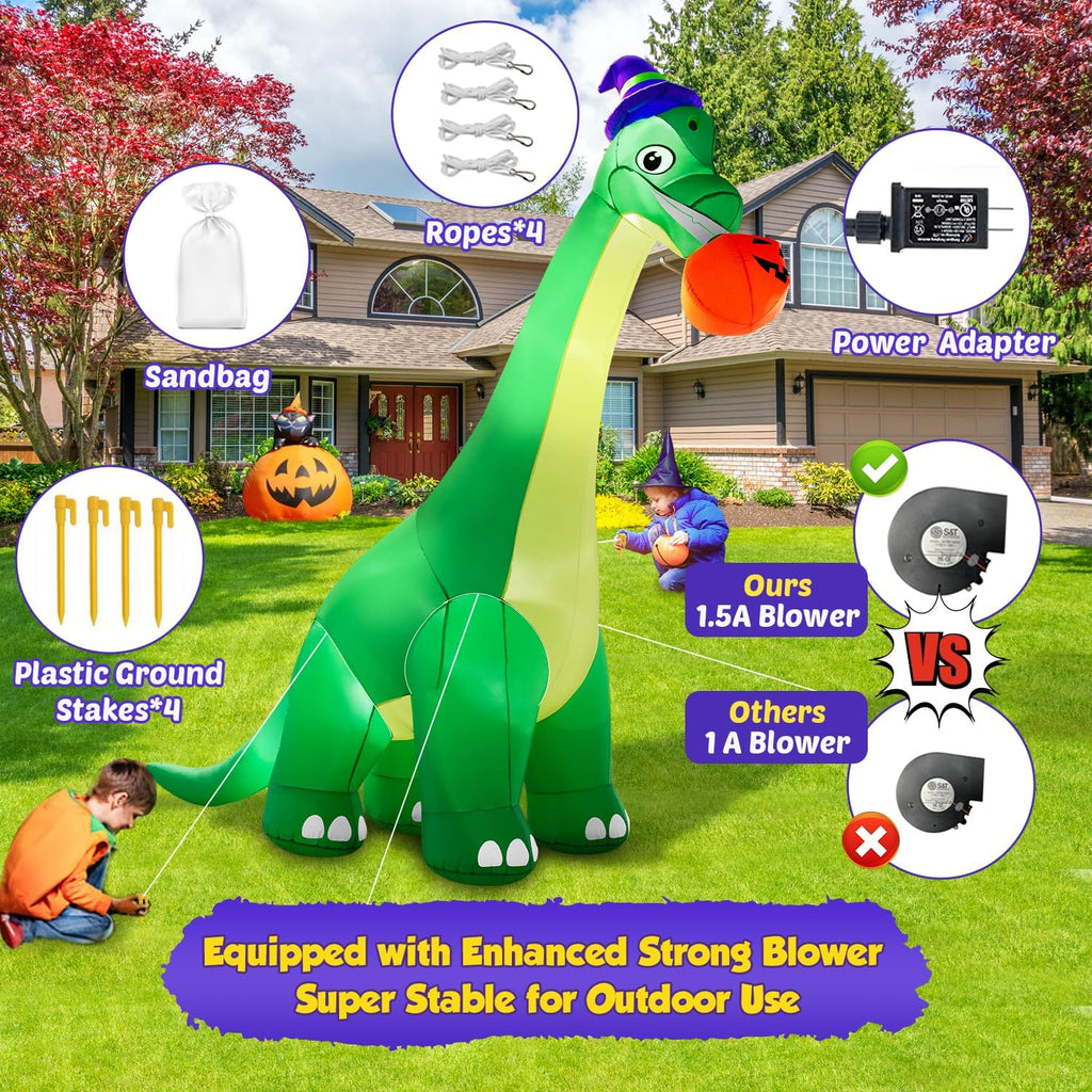 13Ft Giant Halloween Dinosaur Inflatable Decorations, Bite Large Pumpkin with Witch Hat Build-in LED Light Strong Blower Huge Blow Up Yard Clearance Decor for Outdoor Indoor Holiday Party Yard