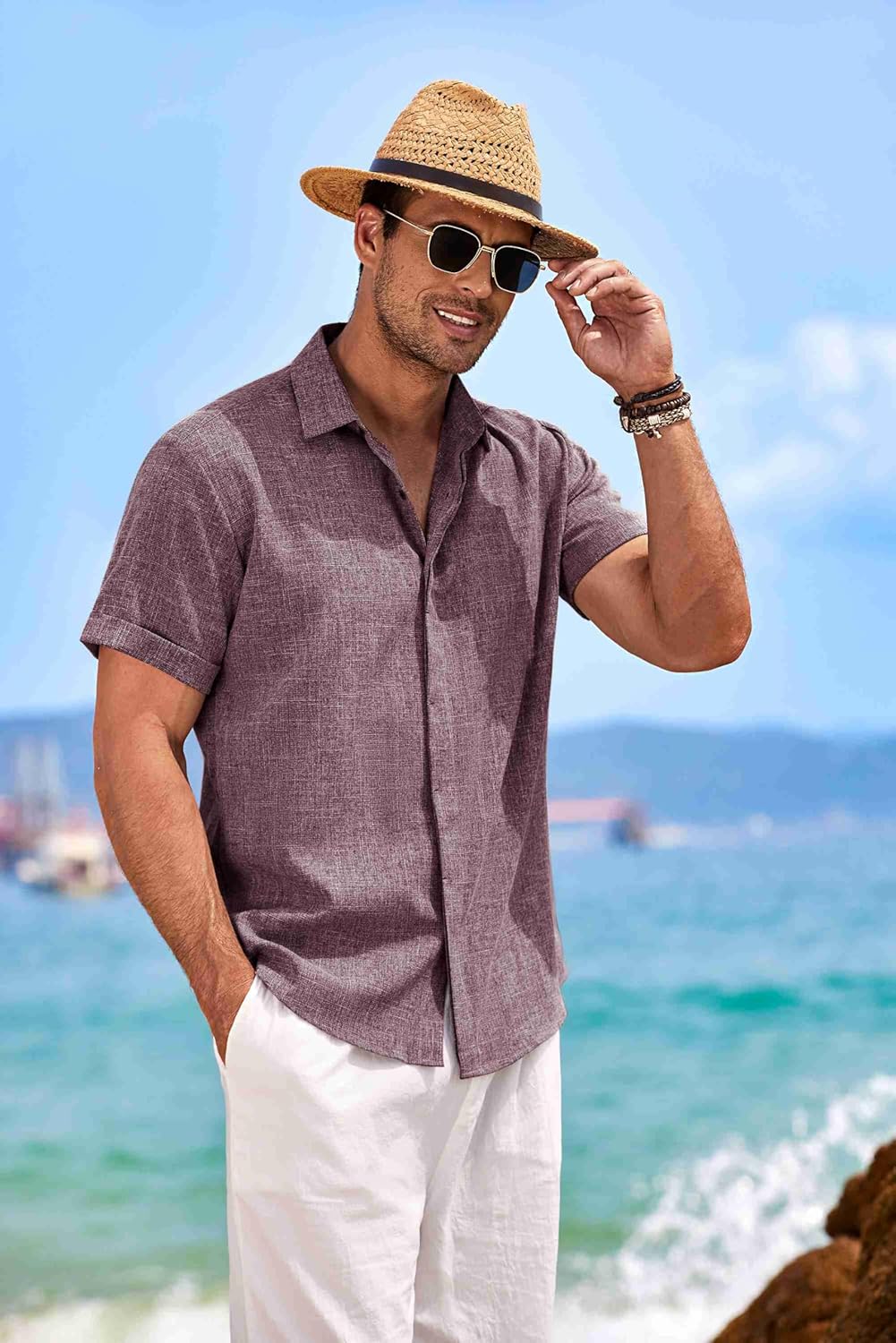 COOFANDY Men's Linen Shirts Short Sleeve Casual Shirts Button Down Shirt for Men Beach Summer Wedding Shirt