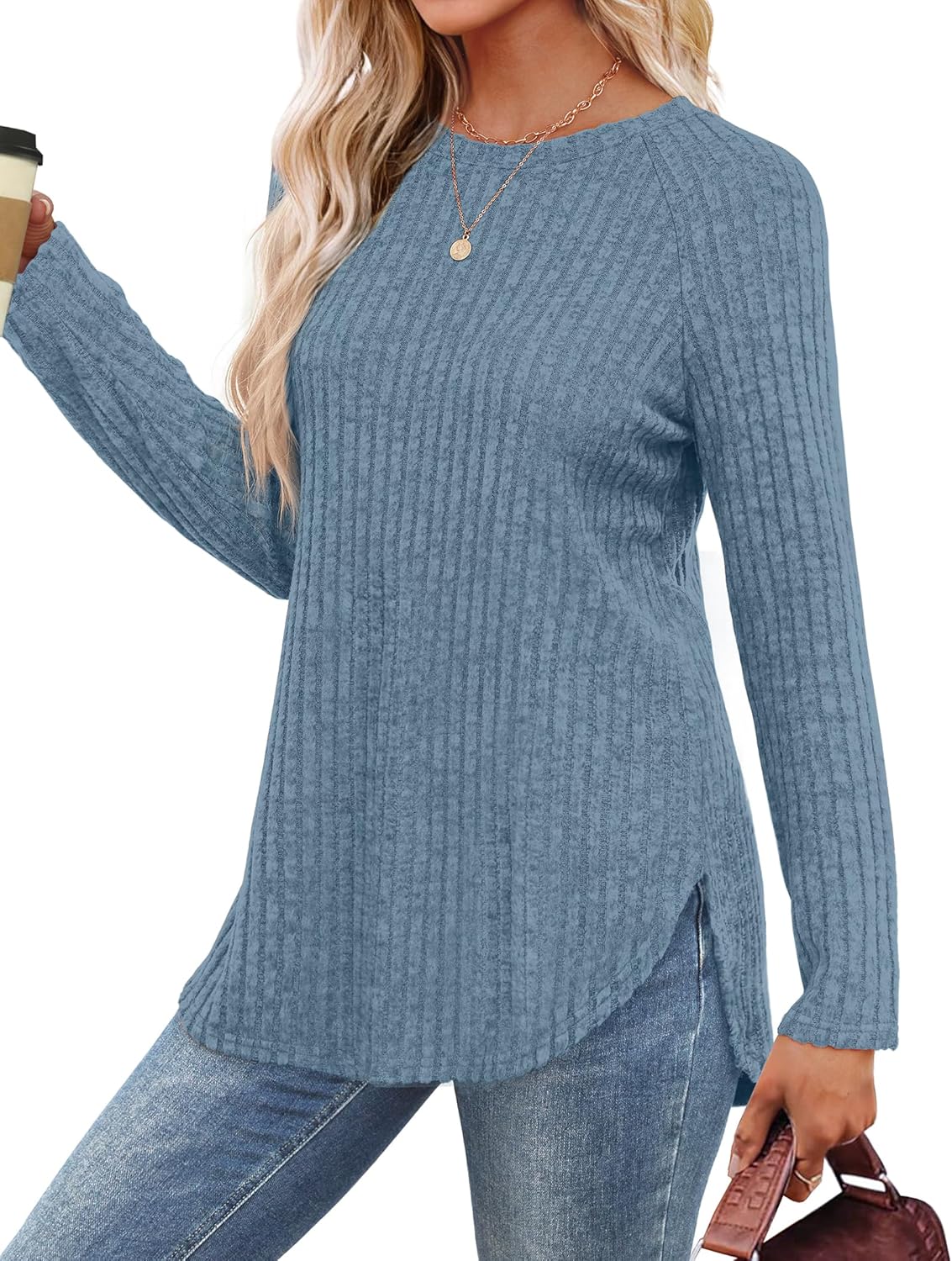 Saloogoe Long Sleeve Shirts for Women 2025 Fall Clothes Tunic Tops Loose Fit Dressy Crewneck Pullover Sweaters Curved Hem