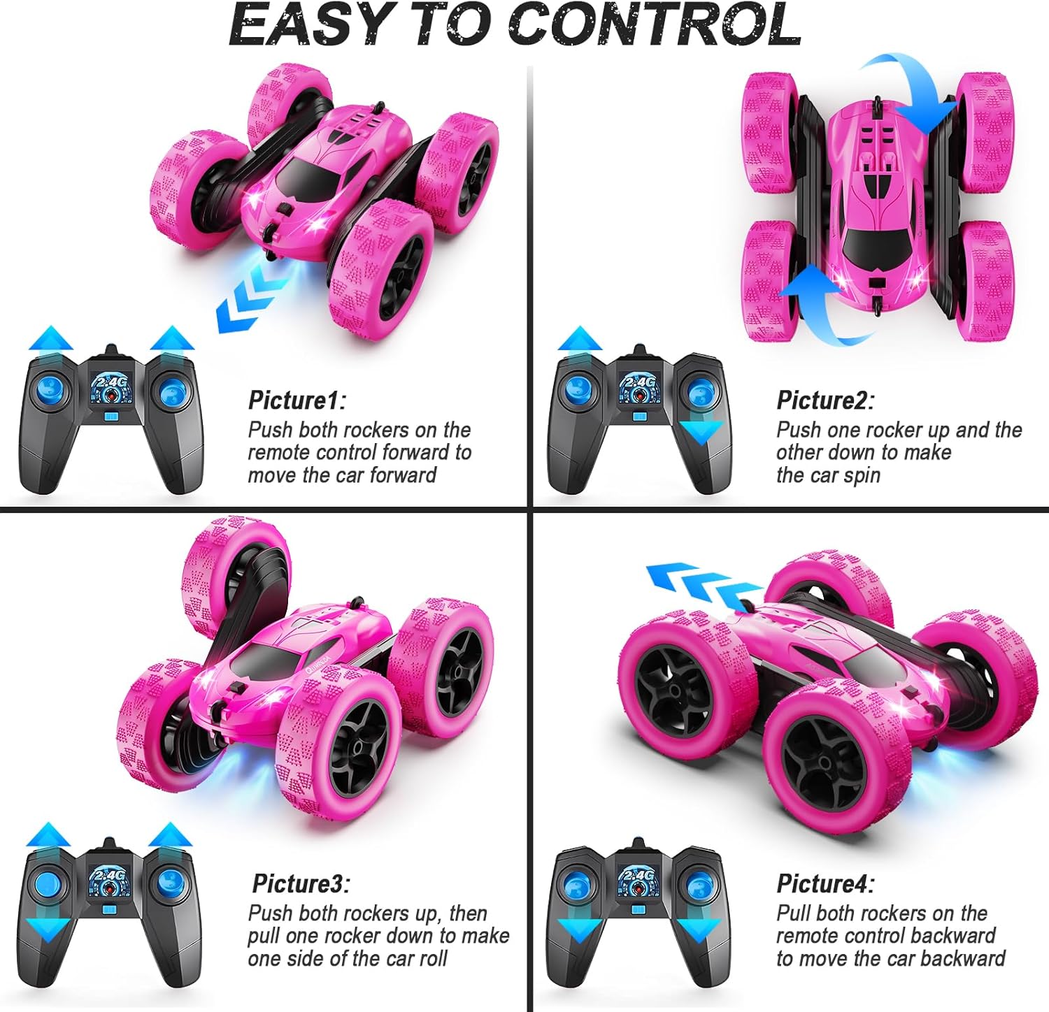 Remote Control Car, RC Cars Toys for Kids Ages 6-12, 4WD Stunt Car with LED Lights & 360° Flips, 2.4GHz, Upgraded USB-C Modular Batteries, 8-10 Year Old Boys Birthday Gift 1-Blue