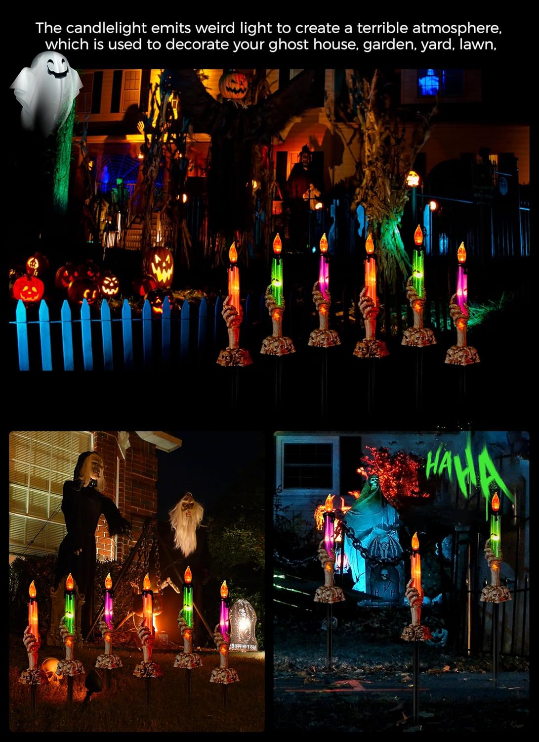 Halloween Decorations, 6 Pack Skeleton Hands Hold Lighted Candle Stakes, Waterproof Battery Operated Pathway Decor with Timer, Light Up for Tabletop Indoor Outdoor Party Lawn Yard Garden Warm White