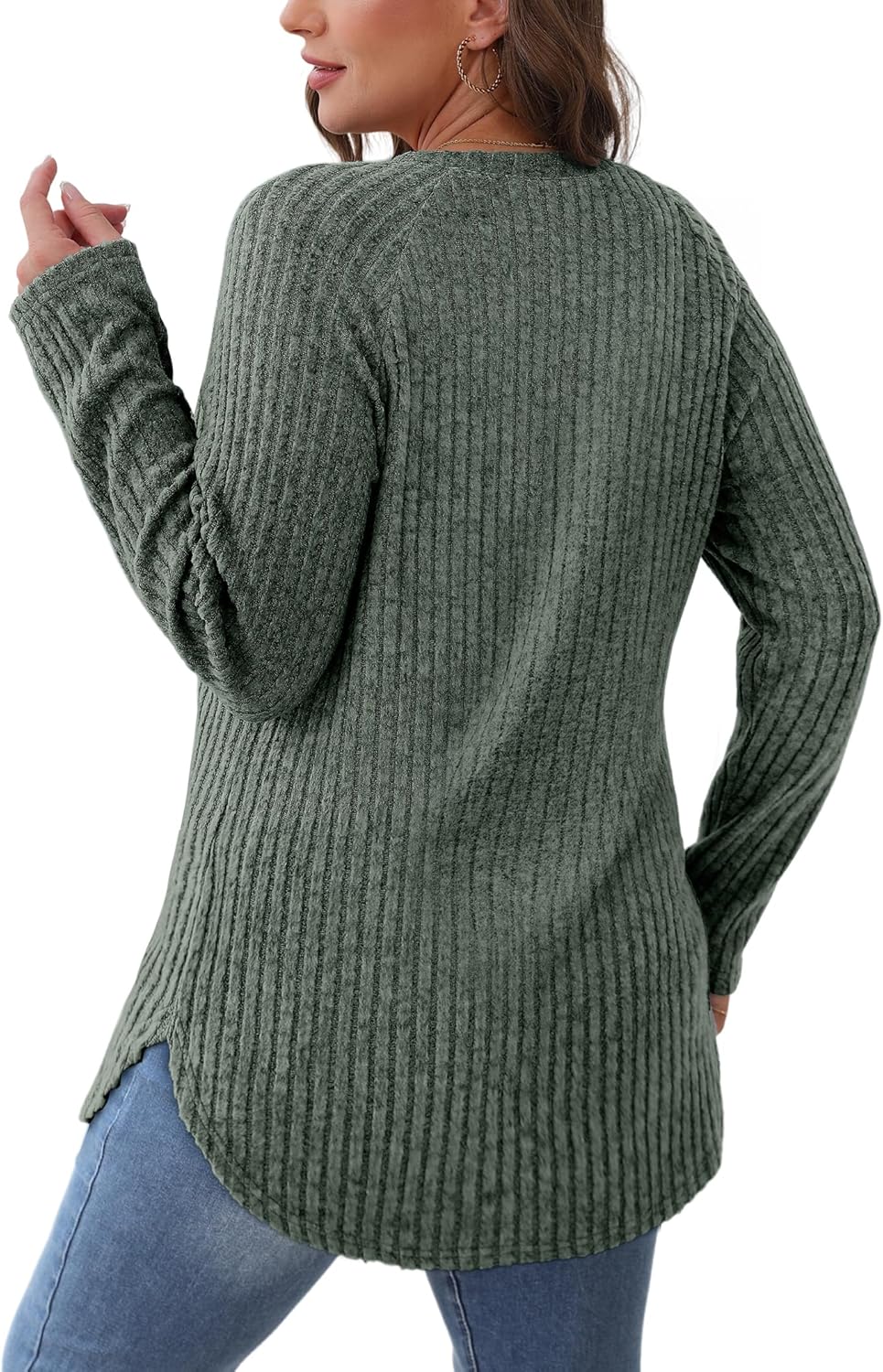 Saloogoe Long Sleeve Shirts for Women 2025 Fall Clothes Tunic Tops Loose Fit Dressy Crewneck Pullover Sweaters Curved Hem