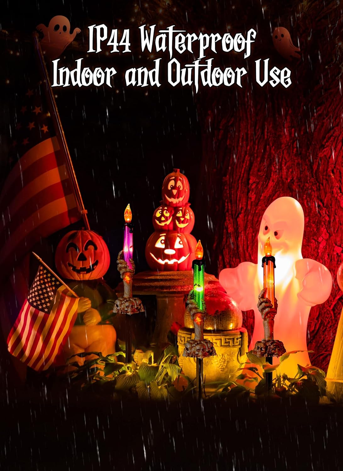 Halloween Decorations, 6 Pack Skeleton Hands Hold Lighted Candle Stakes, Waterproof Battery Operated Pathway Decor with Timer, Light Up for Tabletop Indoor Outdoor Party Lawn Yard Garden Warm White