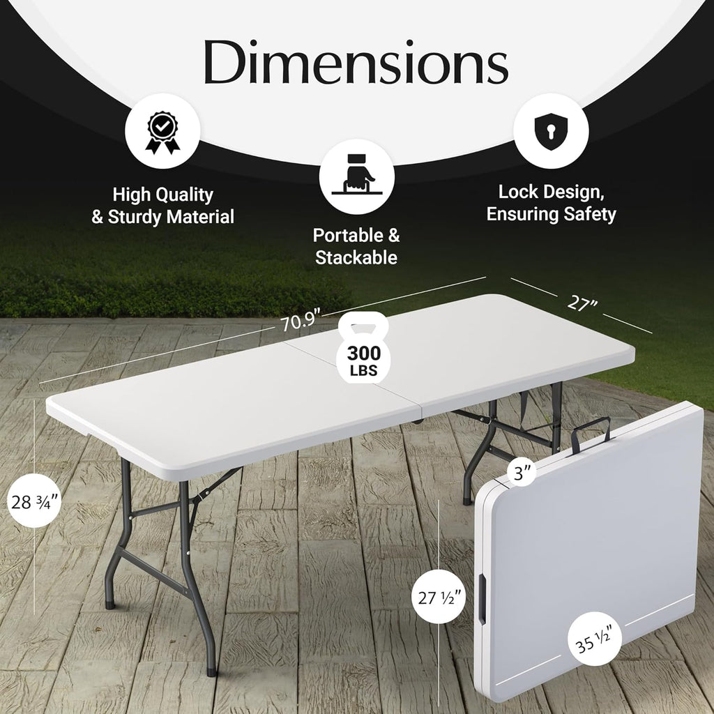 6 Feet Foldable Table with Built in Handle & Steel Legs | Heavy Duty Portable | Perfect for Party, Dining, Wedding, Events, Picnic Indoor, Outdoor, Camping, Utility, Folding