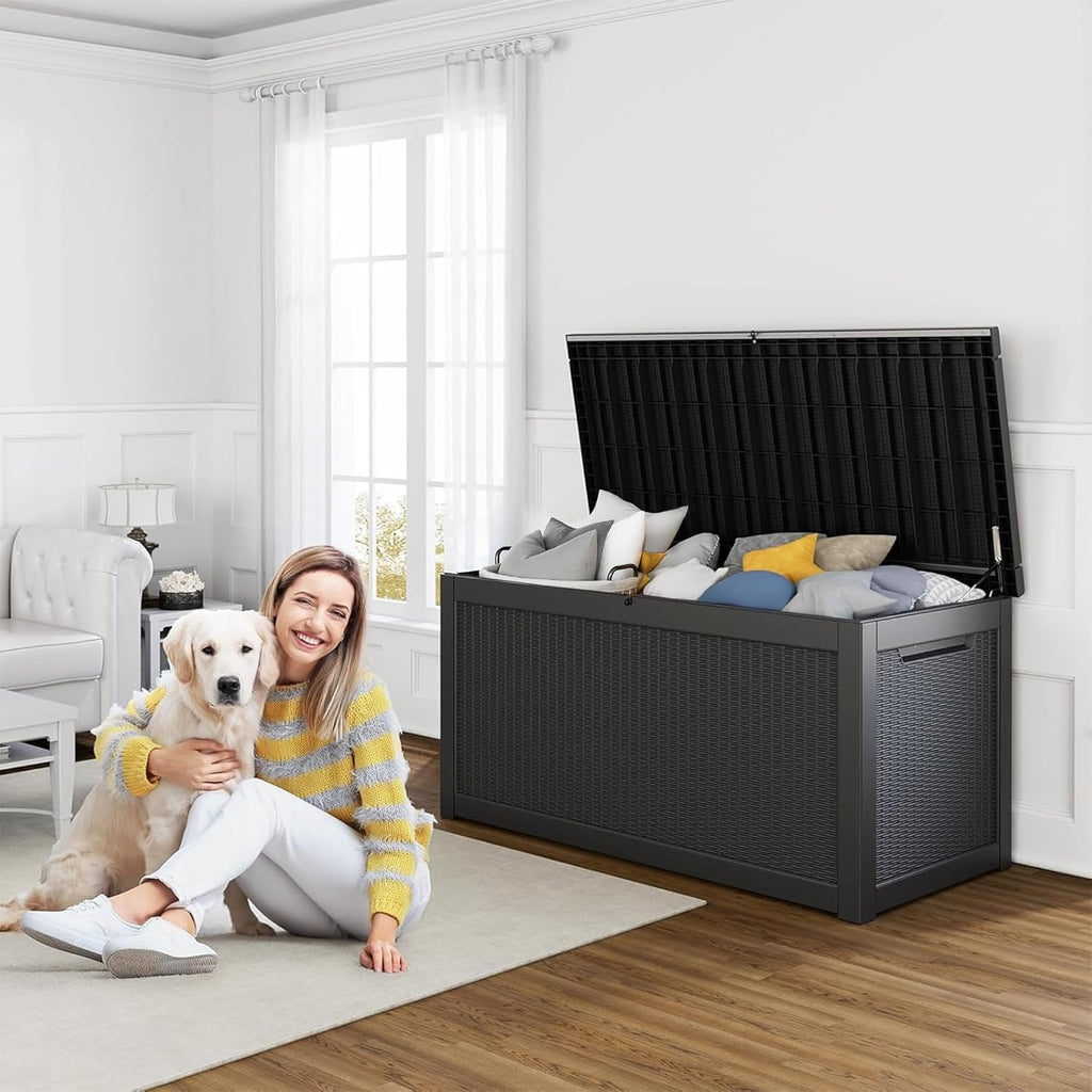 80 Gallon Resin Deck Box, Lockable Patio Outdoor Storage Box for Furniture, Garden Tools and Tools Storage, Waterproof Outside Storage Box - Black