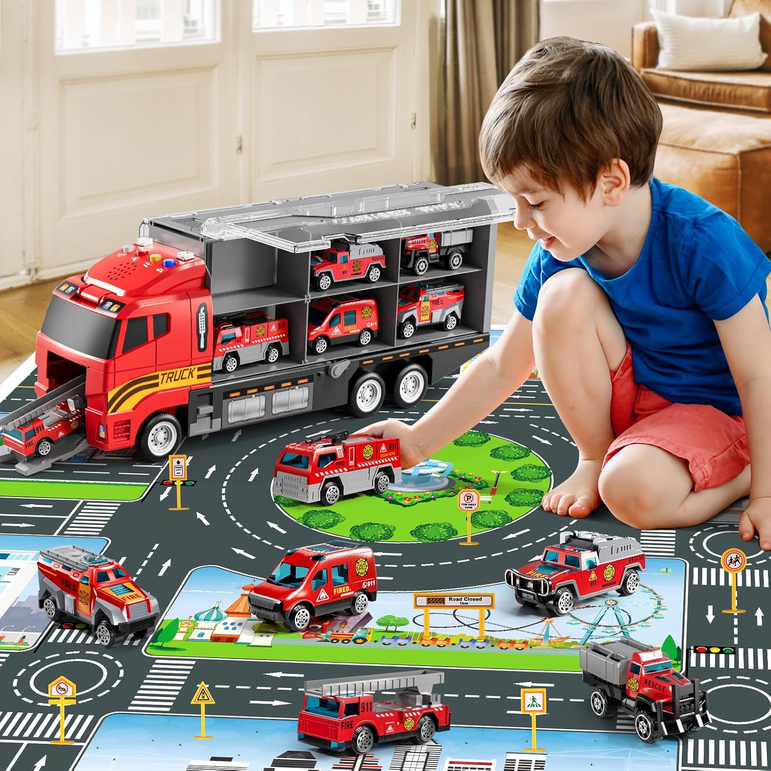 Toddler Boys Construction Truck Vehicle Toy Set with Play Mat and Die-Cast Toy Car, Transport Carrier Truck for Kids 3-5, Birthday Gifts Toys for 3-8 Year Old Boys