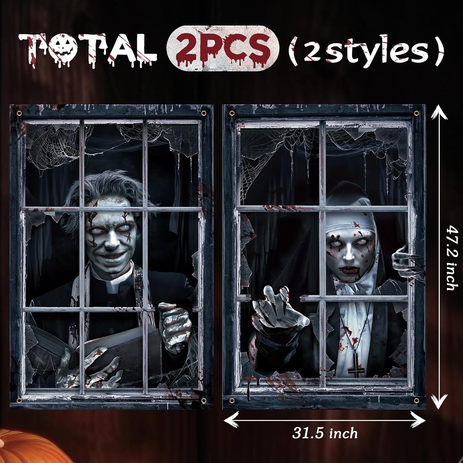 2 Pcs Halloween Clown Scary Curtain Halloween Window Silhouette Decoration Blood Ghost Window Cover Horror Theme Window Poster for Indoor Outdoor Party Wall Garage Door Decor