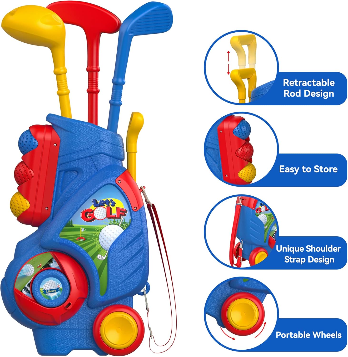 Liberry Toddler Golf Set, Upgraded Kids Golf Cart with Unique Shoulder Strap Design, Indoor and Outdoor Golf Toys for Boys and Girls Aged 1-5 Years Old