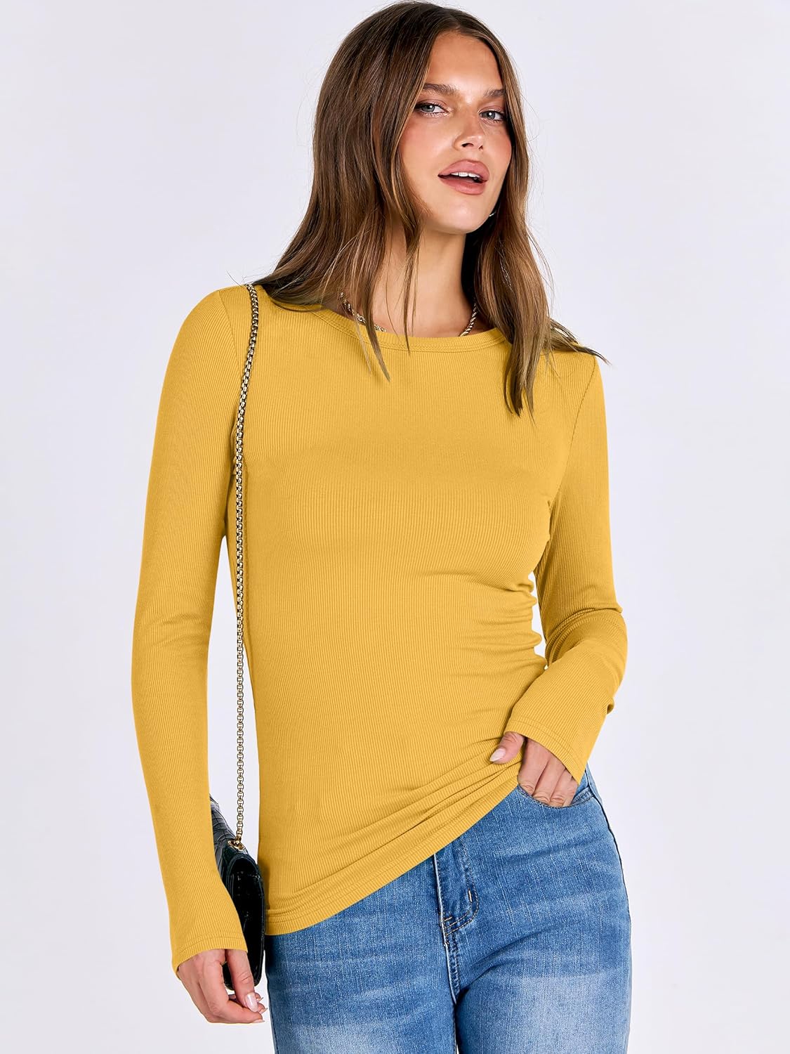 ANRABESS Women Long Sleeve Shirts Rib Knit Slim Fit Tops Basic Tee 2025 Fall Outfits Casual T-Shirt Underscrubs Layer Clothes