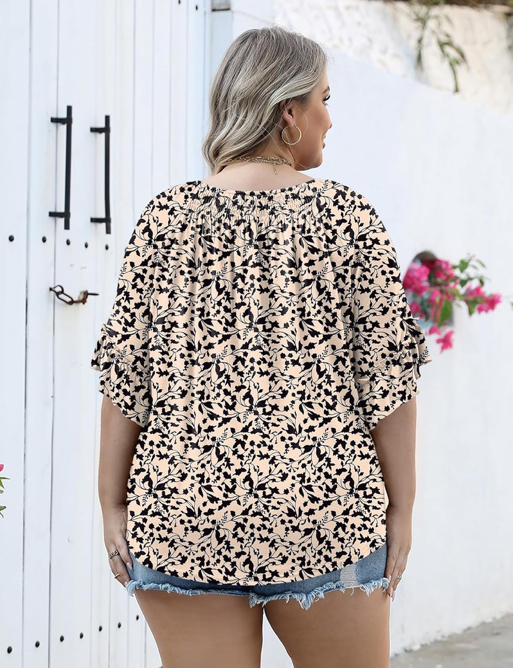 Micoson Womens Plus Size Tops 3/4 Ruffle Sleeve Shirts Crewneck Pleated Blouses Dressy Casual Fashion Tunic Top (1X-5X)