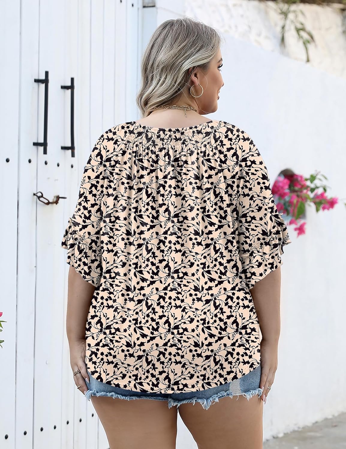 Micoson Womens Plus Size Tops 3/4 Ruffle Sleeve Shirts Crewneck Pleated Blouses Dressy Casual Fashion Tunic Top (1X-5X)