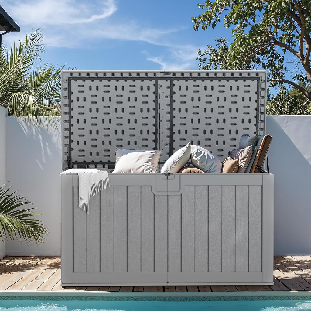 Greesum 31 Gallon Resin Deck Box Large Outdoor Storage for Patio Furniture, Garden Tools, Pool Supplies, Weatherproof and UV Resistant, Lockable, Dark Black