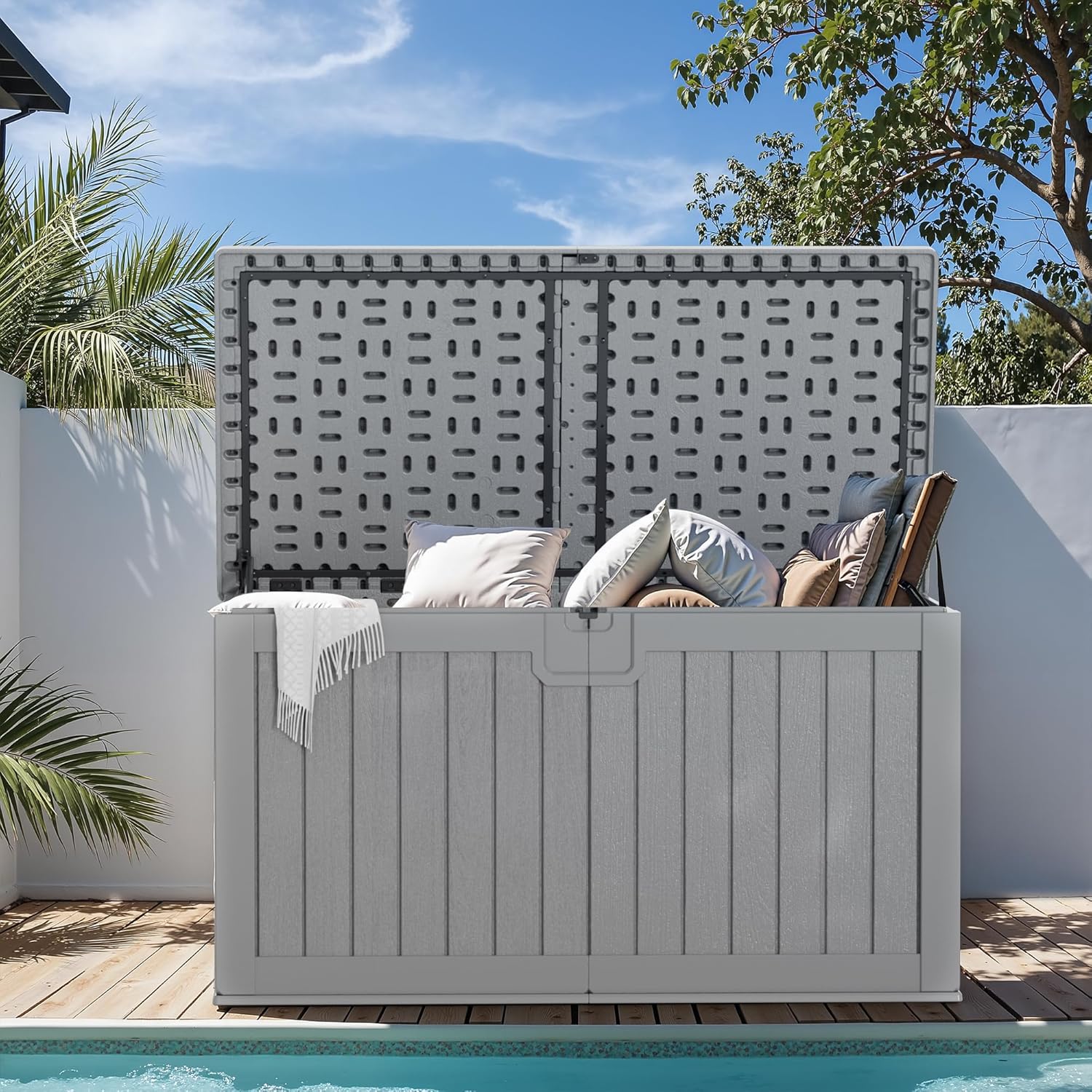 Greesum 31 Gallon Resin Deck Box Large Outdoor Storage for Patio Furniture, Garden Tools, Pool Supplies, Weatherproof and UV Resistant, Lockable, Dark Black