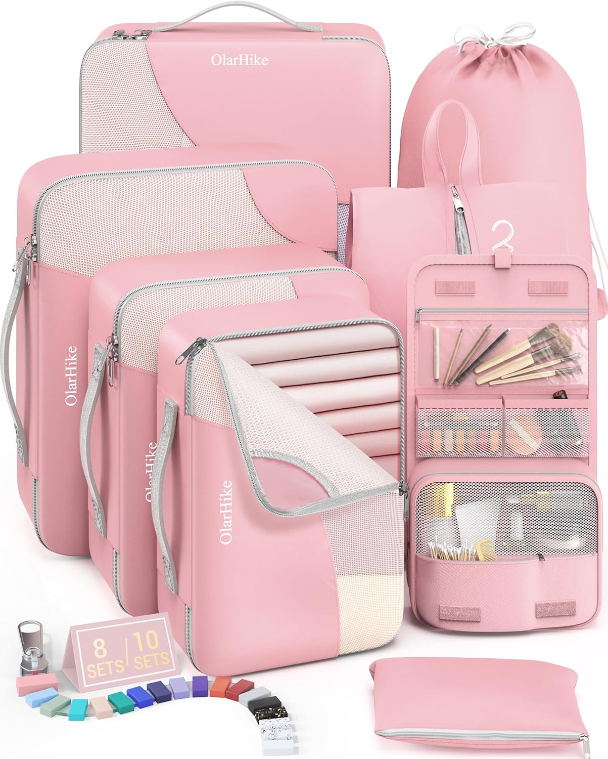 10 Set/8 Set Packing Cubes for Travel, Gifts for Women Mom,Anti-Tearing Suitcase Organizer for Luggage with Shoe & Hanging Toiletry Bag,OlarHike Vacation Essentials & Accessories for Cruise Ship,Cream