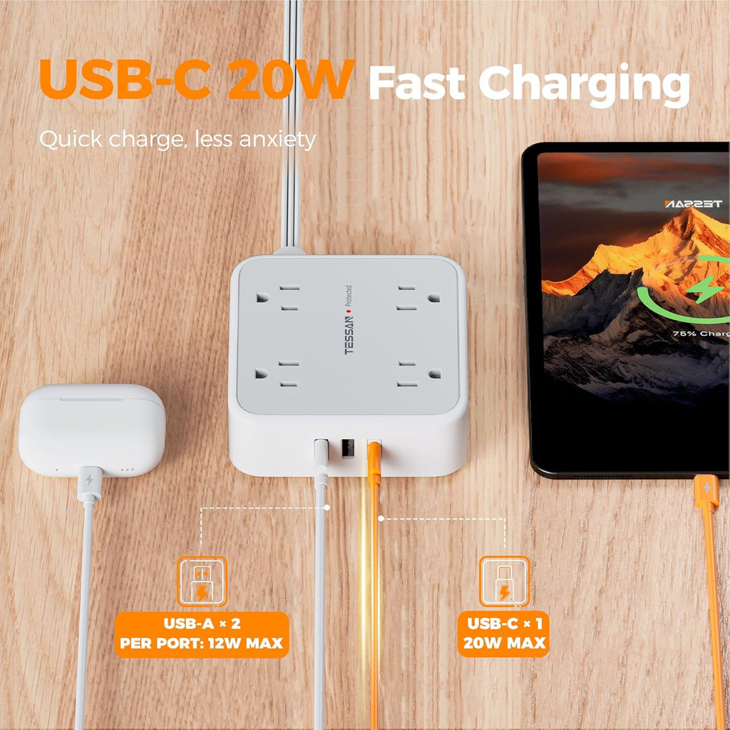 TESSAN Surge Protector Power Strip, 5 Ft Flat Plug Extension Cord with 3 USB (1 USB C) 8 Outlets, 900J Surge Protection, 3 Sided Outlet Extender with Power Switch for Office, Dorm Room Essentials