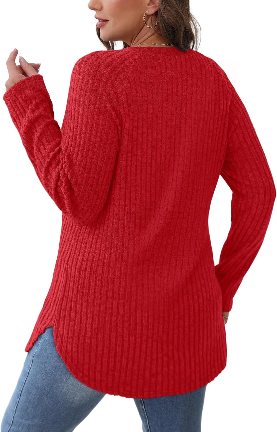 Saloogoe Long Sleeve Shirts for Women 2025 Fall Clothes Tunic Tops Loose Fit Dressy Crewneck Pullover Sweaters Curved Hem