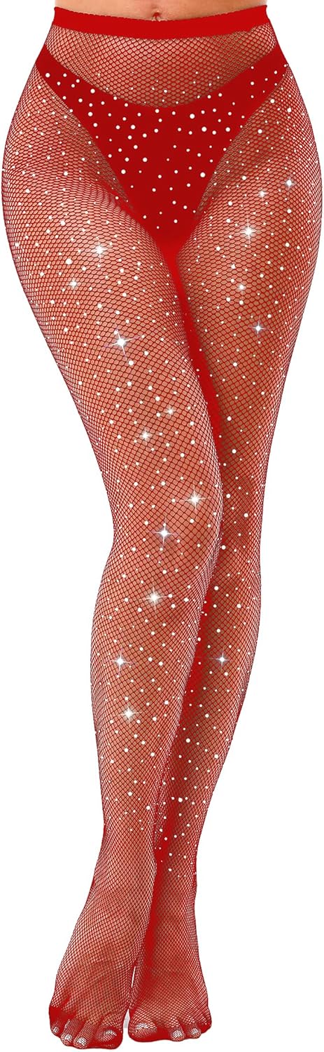 VEBZIN Sexy Sparkly Fishnets Stockings Jeweled High Waist Fishnet Tights for Women Rhinestone Party Pantyhose