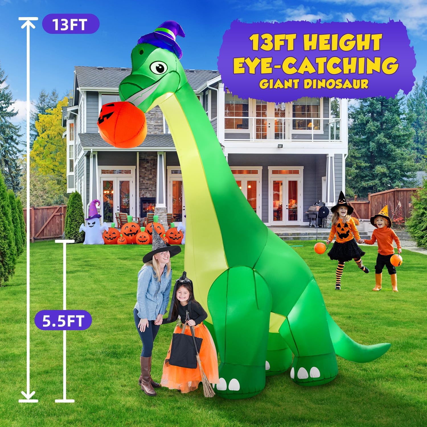 13Ft Giant Halloween Dinosaur Inflatable Decorations, Bite Large Pumpkin with Witch Hat Build-in LED Light Strong Blower Huge Blow Up Yard Clearance Decor for Outdoor Indoor Holiday Party Yard