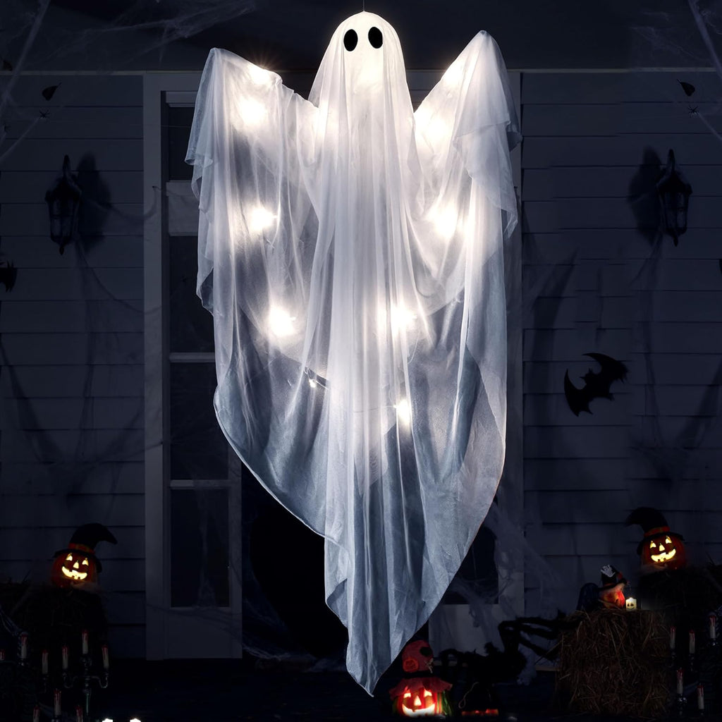 JOYIN Halloween Hanging Light up Ghost with Spooky Blue LED Light, 47” White Ghosts Halloween Hanging Decoration for Front Yard Patio Lawn Garden Party Decor Indoor Outdoor