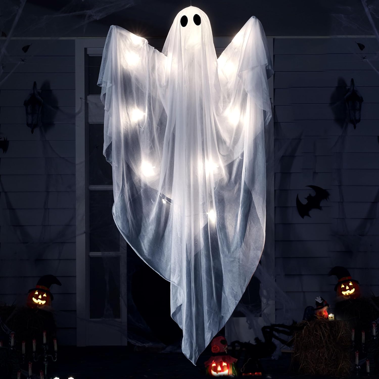 JOYIN Halloween Hanging Light up Ghost with Spooky Blue LED Light, 47” White Ghosts Halloween Hanging Decoration for Front Yard Patio Lawn Garden Party Decor Indoor Outdoor