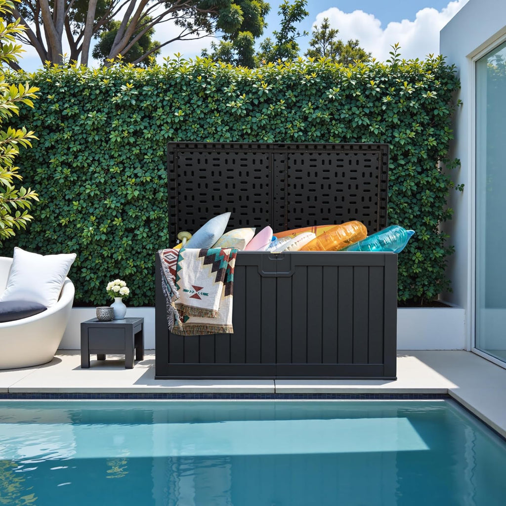 Greesum 31 Gallon Resin Deck Box Large Outdoor Storage for Patio Furniture, Garden Tools, Pool Supplies, Weatherproof and UV Resistant, Lockable, Dark Black