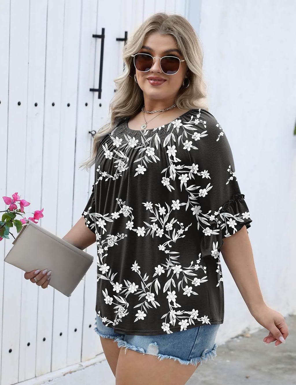 Micoson Womens Plus Size Tops 3/4 Ruffle Sleeve Shirts Crewneck Pleated Blouses Dressy Casual Fashion Tunic Top (1X-5X)