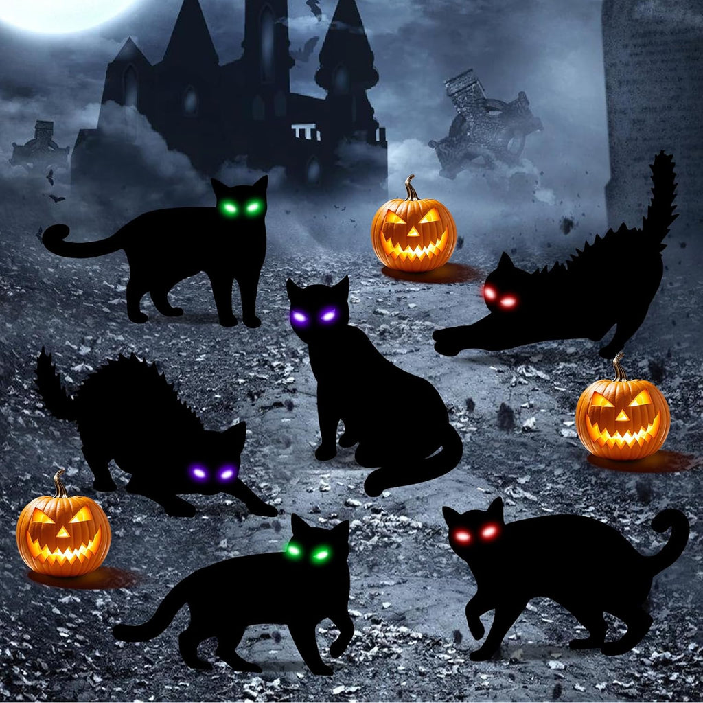 6Pack Black Cat Halloween Decorations Outdoor with LED Glowing Eyes Lights Black Cat Yard Stakes Halloween Decor, Waterproof Outside Cats Blow up Scary Patio Lawn Decorations