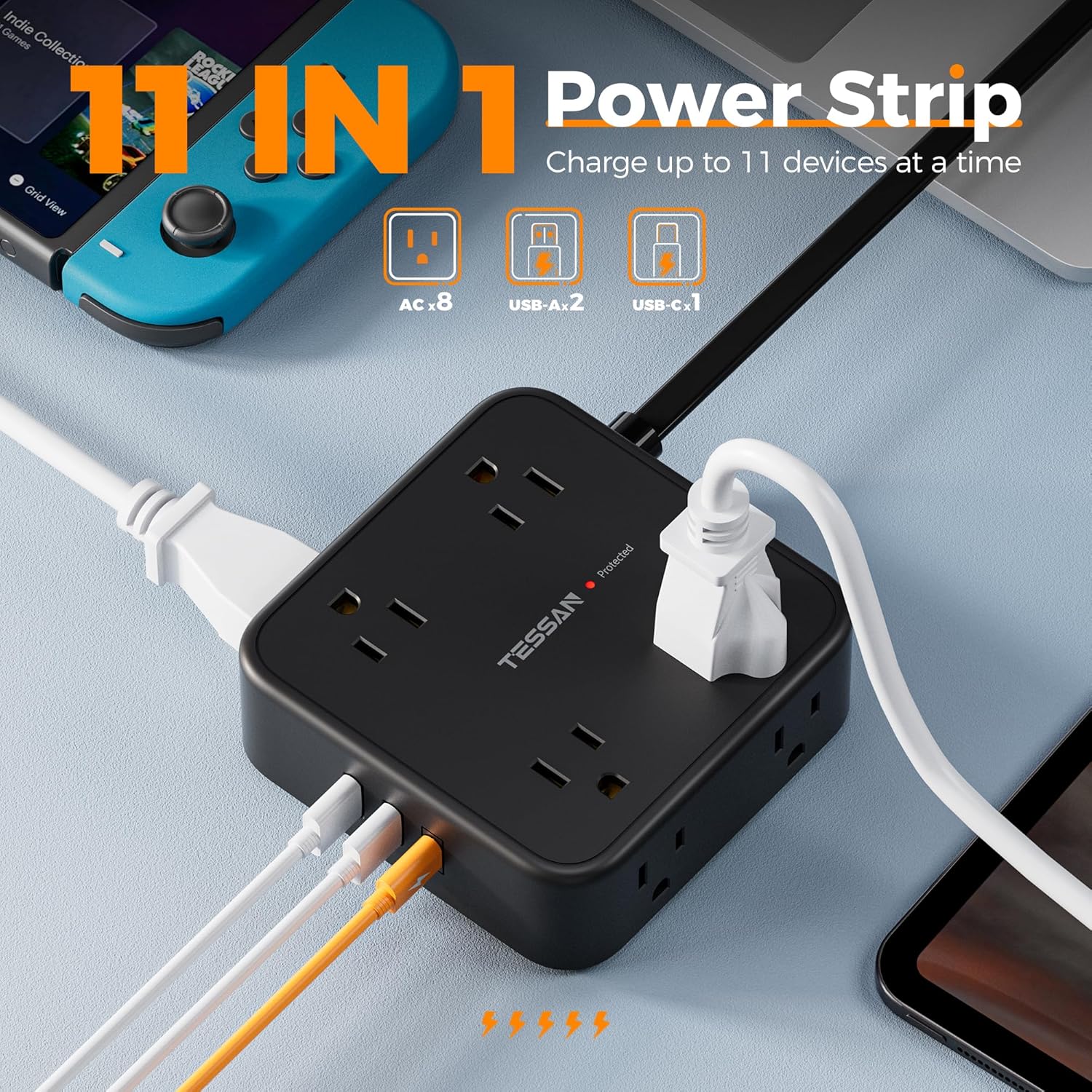 TESSAN Surge Protector Power Strip, 5 Ft Flat Plug Extension Cord with 3 USB (1 USB C) 8 Outlets, 900J Surge Protection, 3 Sided Outlet Extender with Power Switch for Office, Dorm Room Essentials