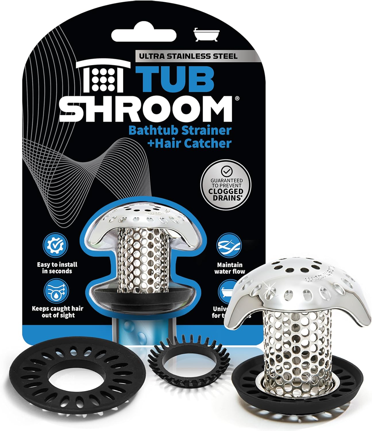 TubShroom Ultra Revolutionary Bath Tub Drain Protector Hair Catcher/Strainer/Snare, Stainless Steel, Stainless Combo