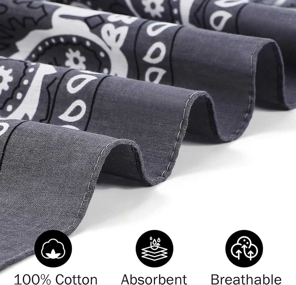 100% Cotton 27" x 27" Large Bandanas for Men & Women, Multi-Purpose Bandana Headbands, Square Head Scarf