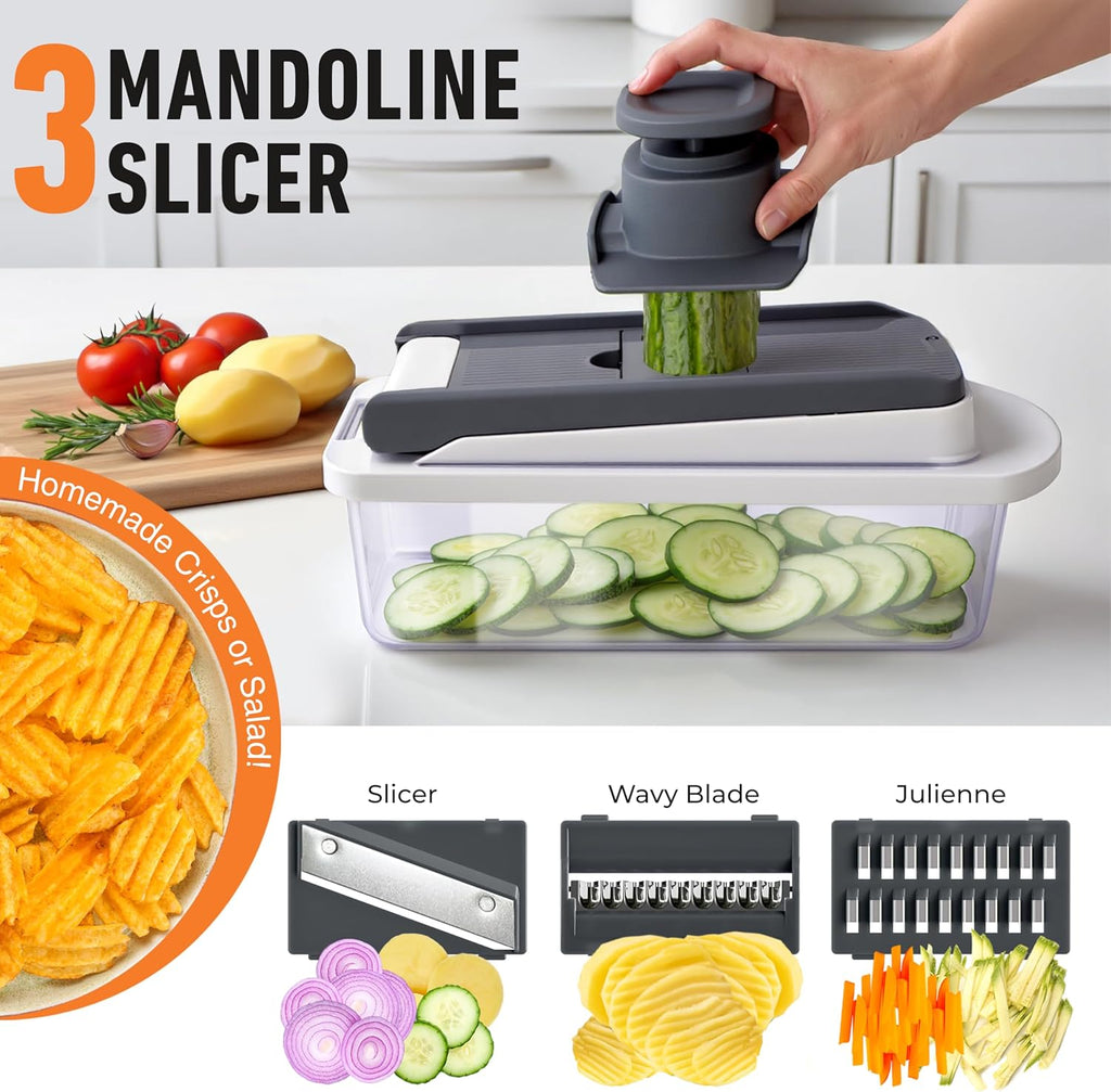 Mueller Pro-Series All-in-One, 12 Blade Mandoline Slicer for Kitchen, Food Chopper, Vegetable Slicer and Spiralizer, Cutter, Dicer, Grater, Kitchen Gadgets Sets with Container, White Sand/Gray