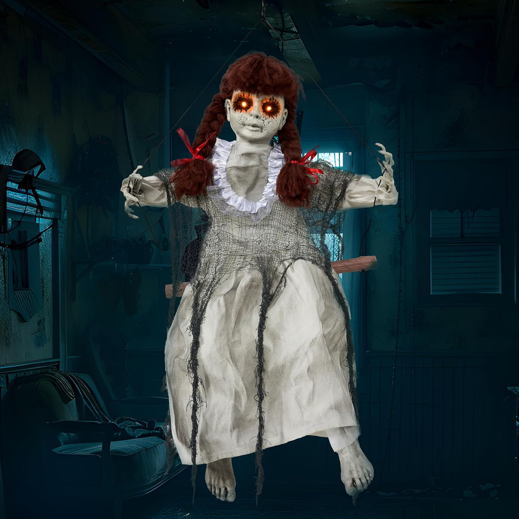 JOYIN Scary Halloween Decorations Outdoor, Halloween Hanging Scary Swing Girl Decorations Winging White Doll with Creepy Sound and Light Up Eyes Sound, Animatronics Hanging Decors Activated