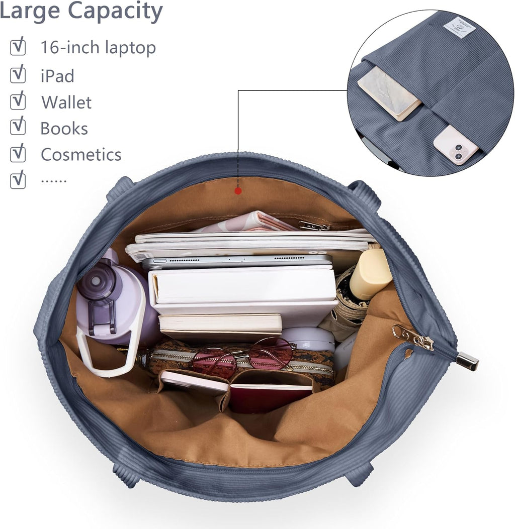 KALIDI Women Corduroy Tote Bag Zipper Casual Tote's Handbag Big Capacity Shoulder Bag with Pockets