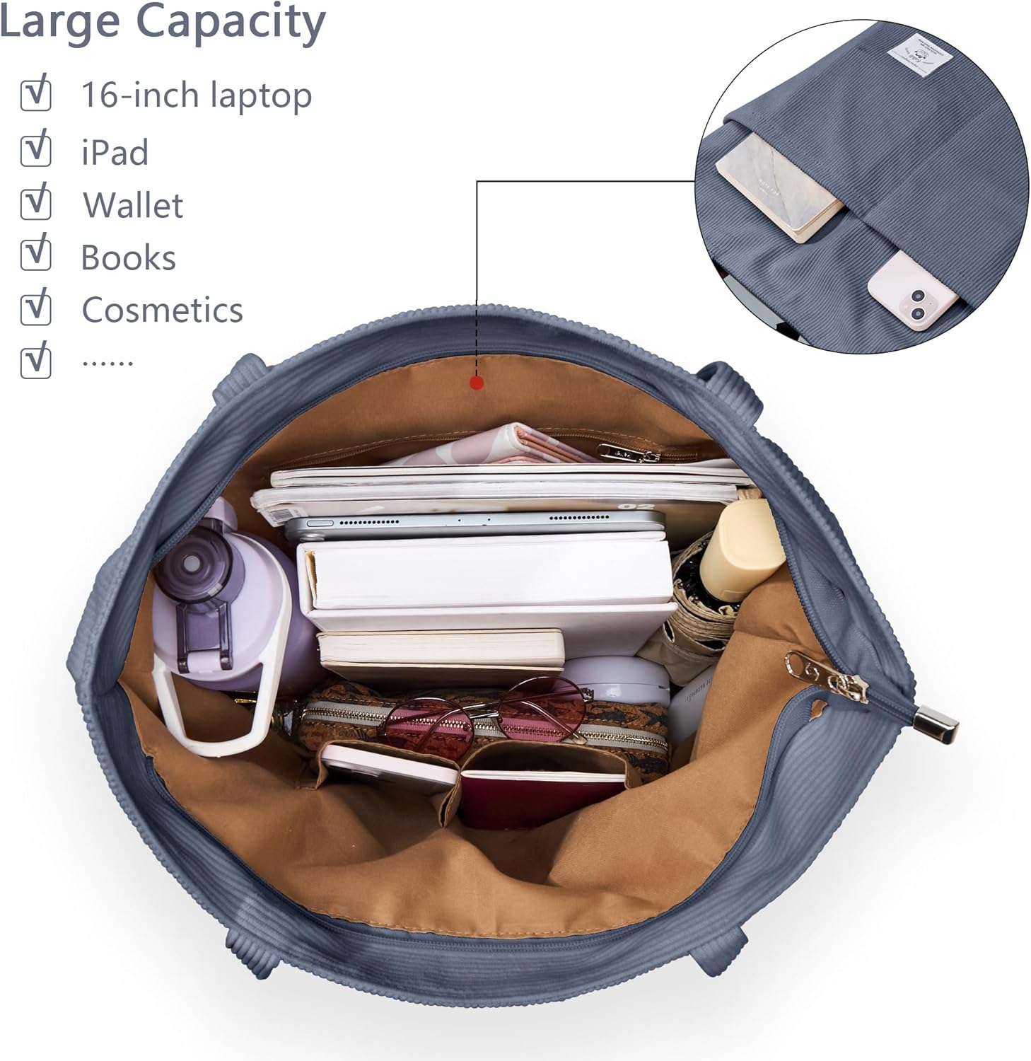 KALIDI Women Corduroy Tote Bag Zipper Casual Tote's Handbag Big Capacity Shoulder Bag with Pockets