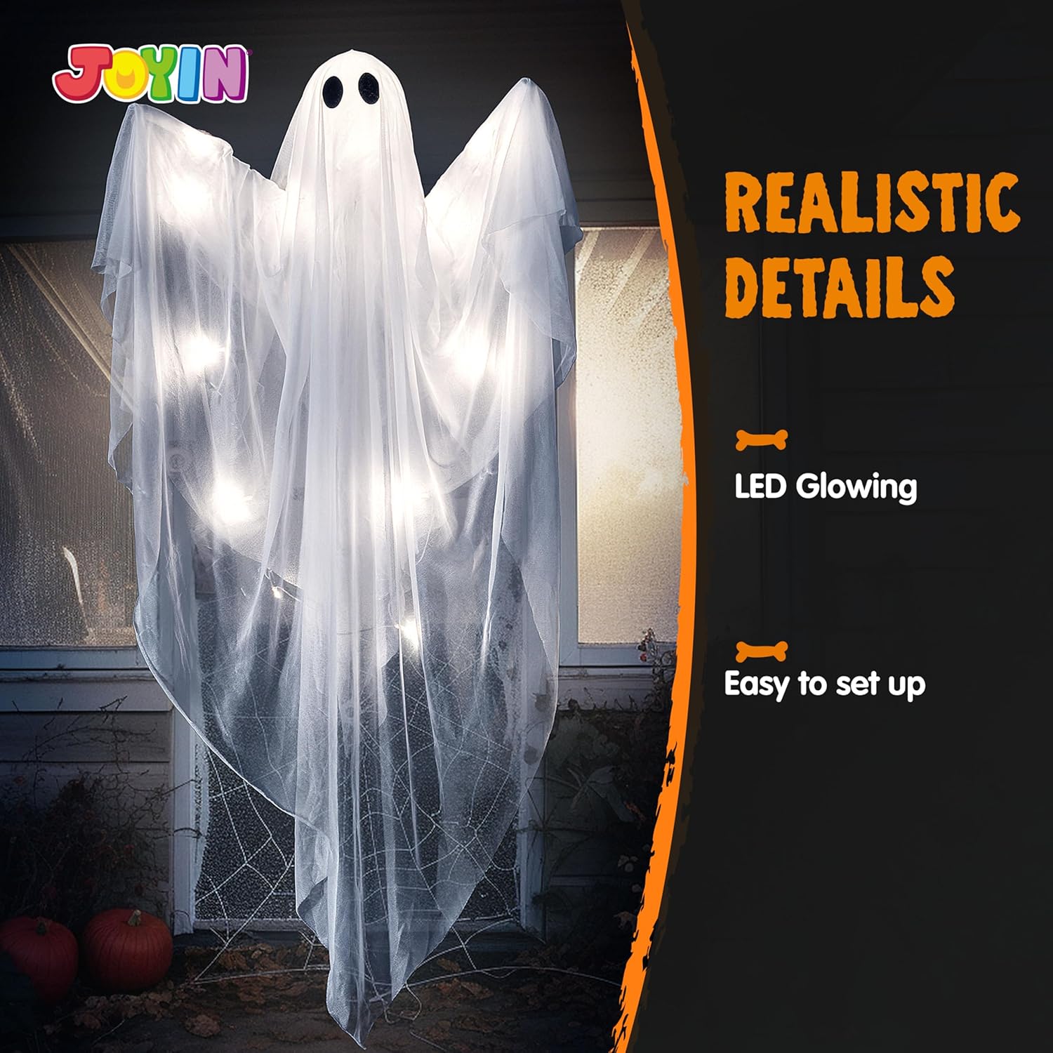 JOYIN Halloween Hanging Light up Ghost with Spooky Blue LED Light, 47” White Ghosts Halloween Hanging Decoration for Front Yard Patio Lawn Garden Party Decor Indoor Outdoor