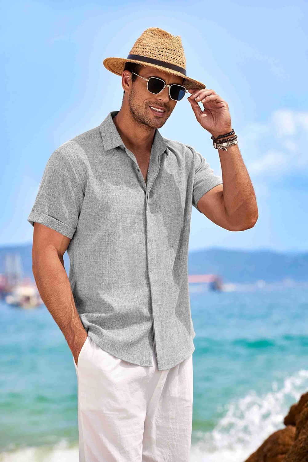 COOFANDY Men's Linen Shirts Short Sleeve Casual Shirts Button Down Shirt for Men Beach Summer Wedding Shirt