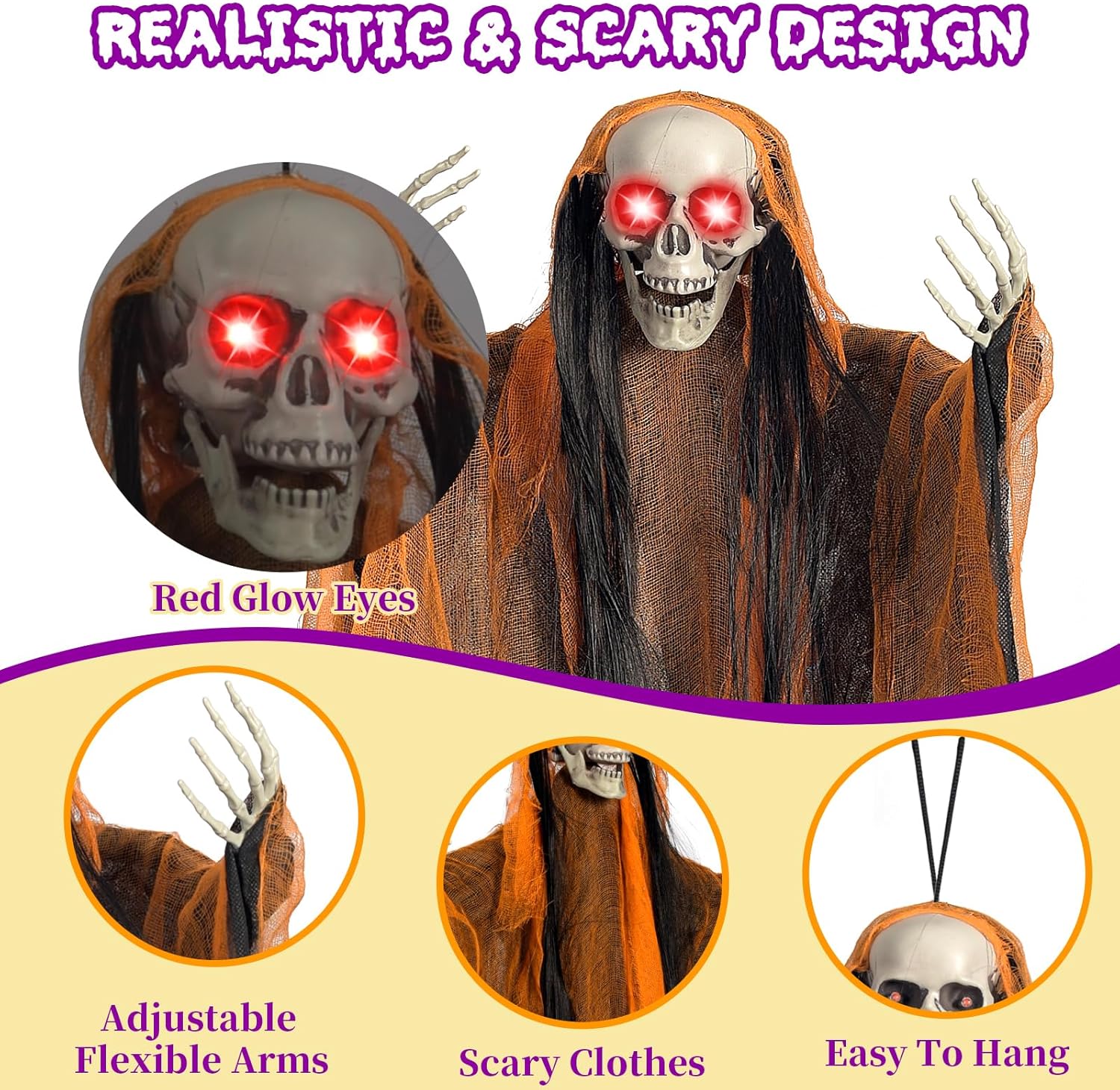 Halloween Decorations,3 Pack Halloween Hanging Skeleton Ghosts with Lighted Up Eyes,Scary Colourful Cloth Grim Reapers for Indoor,Outside Yard Lawn,Haunted House Prop,Party Supplies
