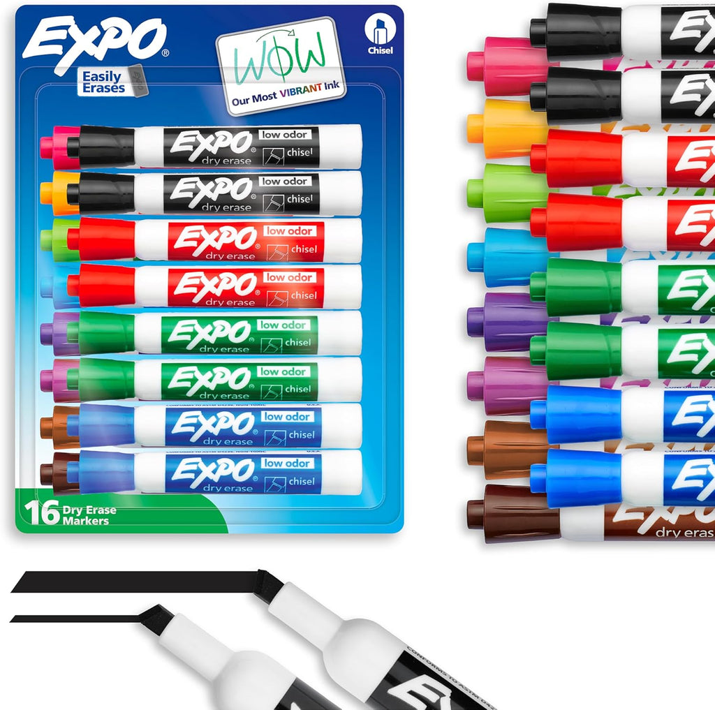 EXPO Dry Erase Markers, Low Odor Ink, Assorted Colors, Chisel Tip, 12 Count - Easily Erases, Vibrant Ink, Ideal for Classroom, Back to School Supplies, Teachers, Office, Whiteboard & Home