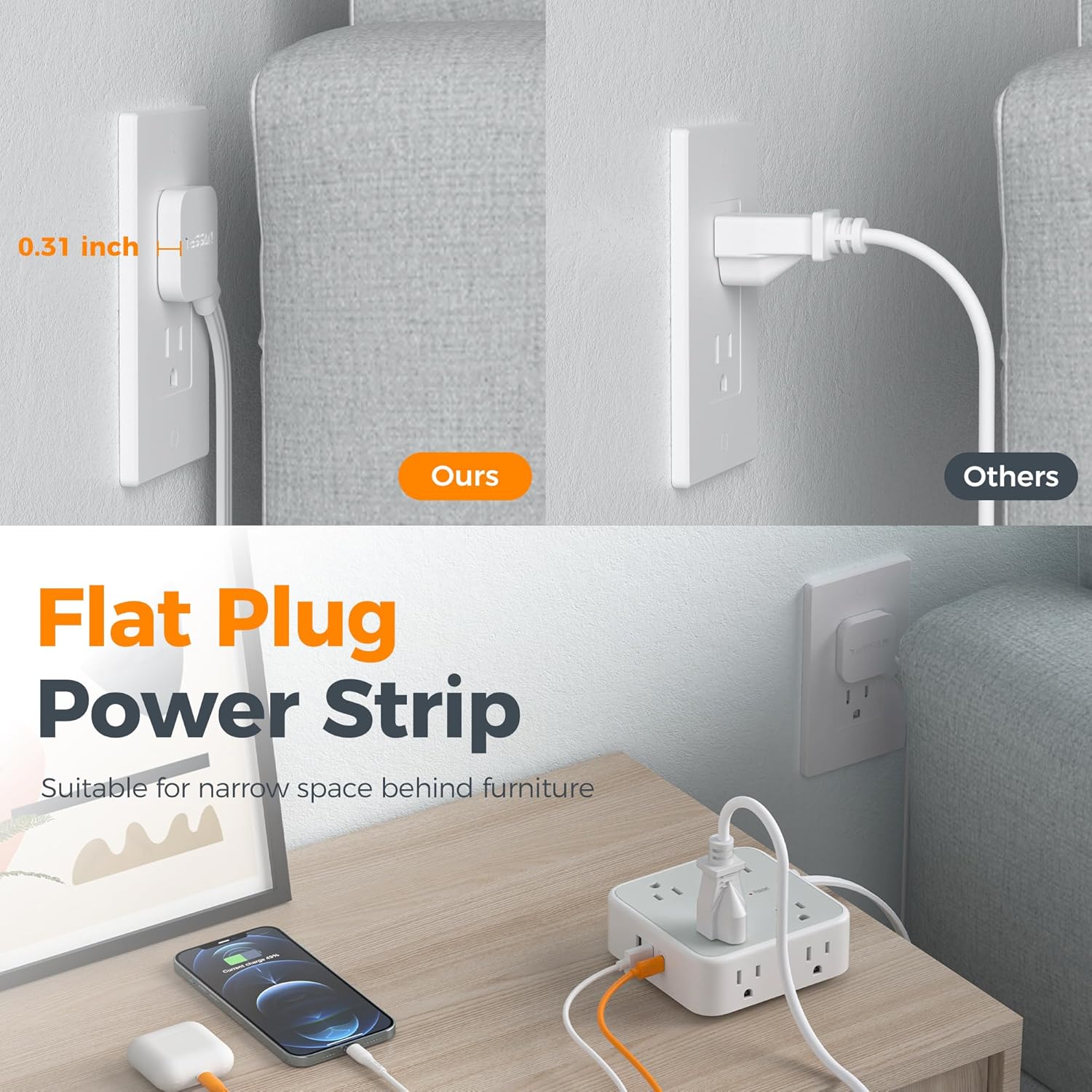 TESSAN Surge Protector Power Strip, 5 Ft Flat Plug Extension Cord with 3 USB (1 USB C) 8 Outlets, 900J Surge Protection, 3 Sided Outlet Extender with Power Switch for Office, Dorm Room Essentials