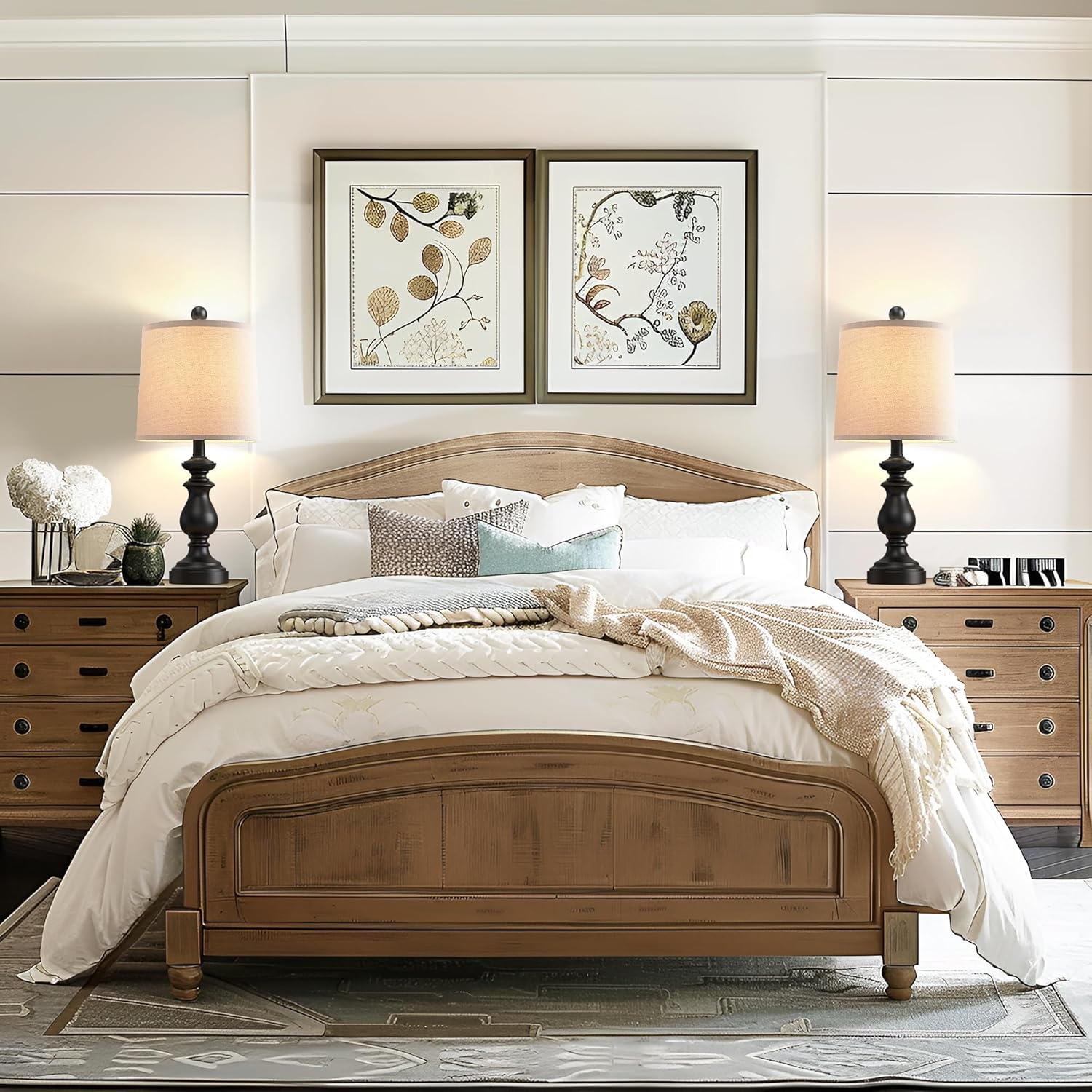 PARTPHONER Traditional Table Lamp Set of 2, Rustic Farmhouse Table Lamps for Living Room Bedroom, 22" Bedside Desk Lamps Vintage Nightstand Lamps with Linen Shades, Antique Grey