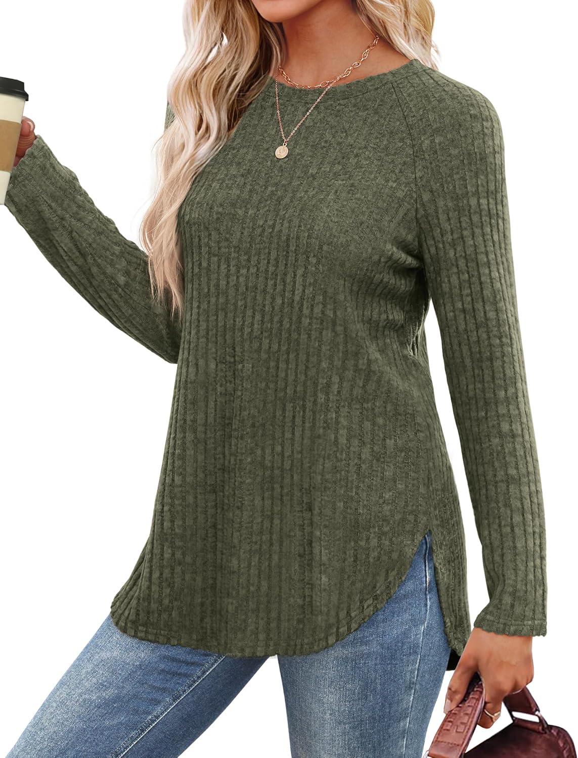 Saloogoe Long Sleeve Shirts for Women 2025 Fall Clothes Tunic Tops Loose Fit Dressy Crewneck Pullover Sweaters Curved Hem
