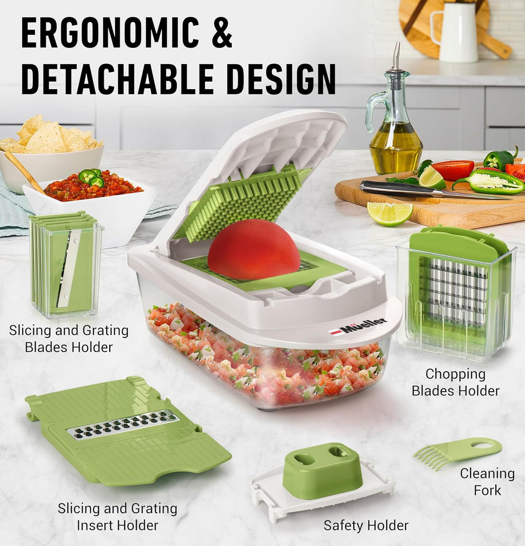 Mueller Pro-Series All-in-One, 12 Blade Mandoline Slicer for Kitchen, Food Chopper, Vegetable Slicer and Spiralizer, Cutter, Dicer, Grater, Kitchen Gadgets Sets with Container, White Sand/Gray