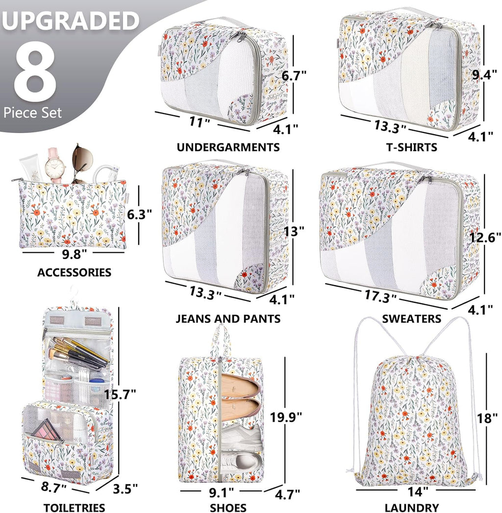 10 Set/8 Set Packing Cubes for Travel, Gifts for Women Mom,Anti-Tearing Suitcase Organizer for Luggage with Shoe & Hanging Toiletry Bag,OlarHike Vacation Essentials & Accessories for Cruise Ship,Cream